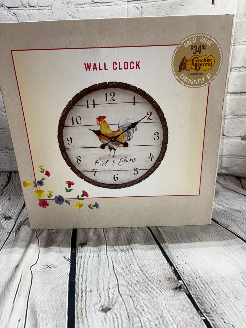 Cracker Barrel Rooster Wall Clock in White and Brown with Yellow Accent